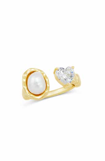 Cubic Zirconia Heart & Faux Pearl Open Band Ring