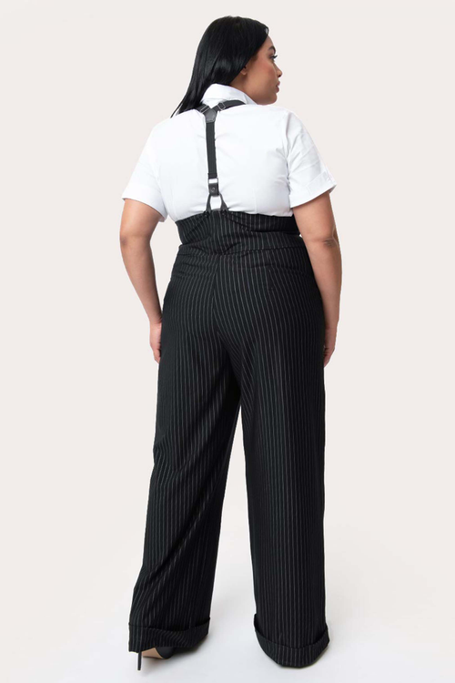 Unique Vintage Plus Size Wide Leg Rochelle Suspender Pants In Black