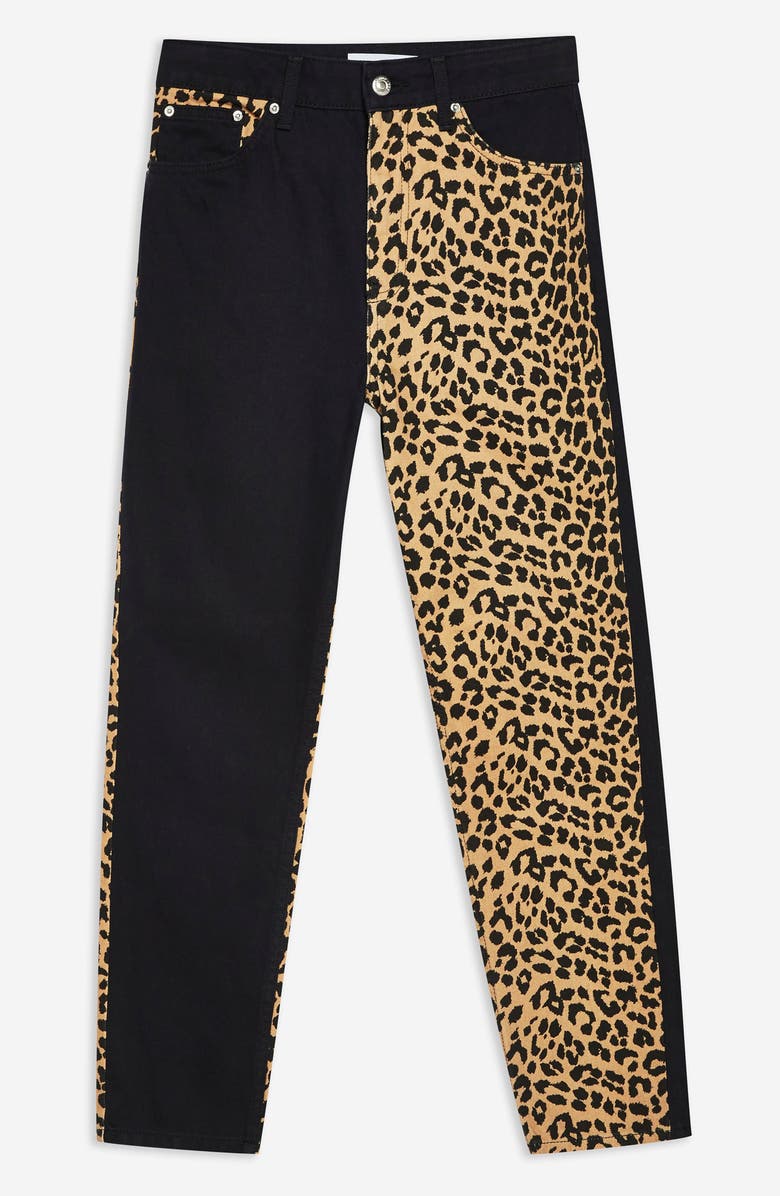 Topshop Leopard Panel Mom Jeans, Alternate, color,