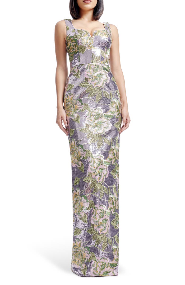 Dress the Population Goldie Embroidered Flower & Sequin Column Gown, Main, color, Lilac Multi