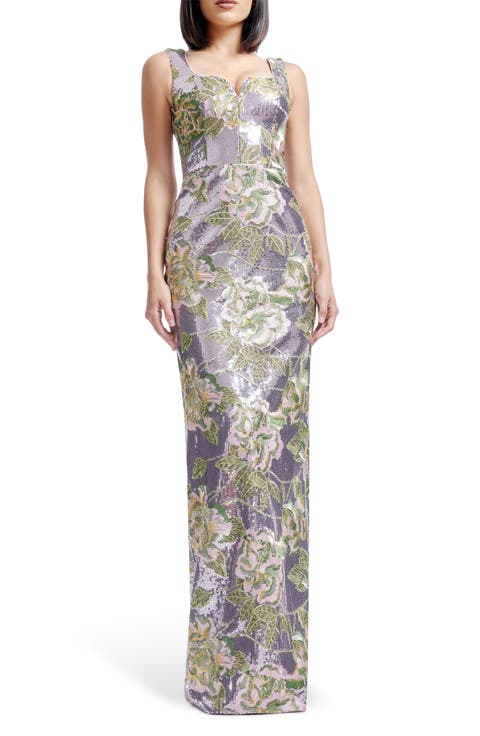 Goldie Embroidered Flower & Sequin Column Gown