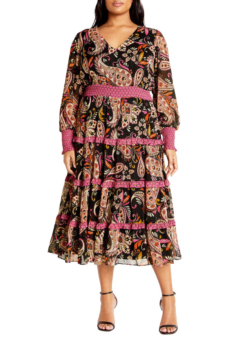 Gwendolyn Long Sleeve Tiered Dress, Main, color, PEACEFUL PAISLEY