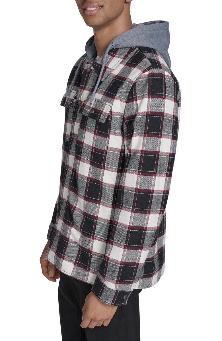 Levi's Plaid Faux Shearling Lined Jersey Hood Shirt Jacket, Alternate, color, Black/ Grey/ Bordeaux