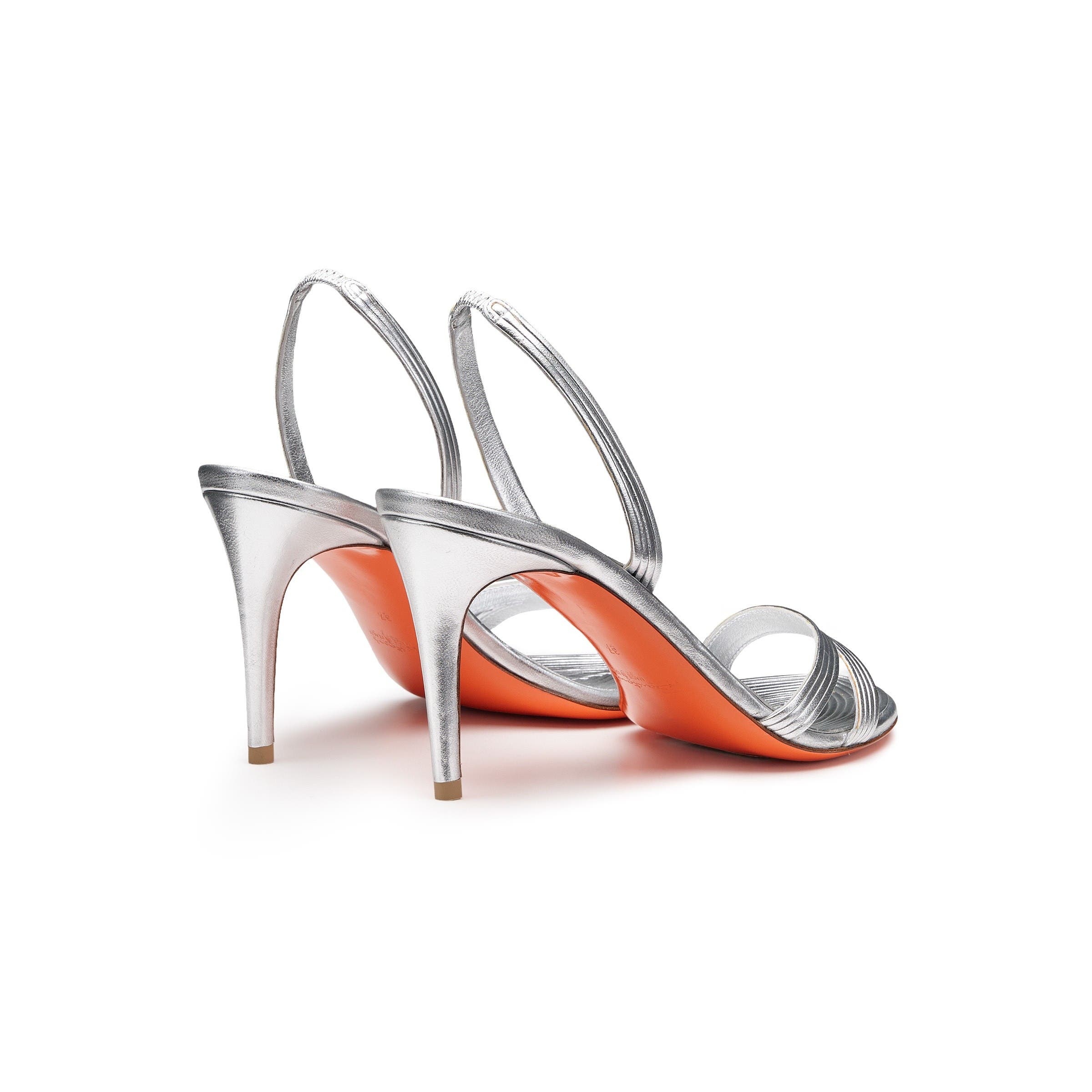 Women's leather mid-heel sandal, Alternate, color, Silver