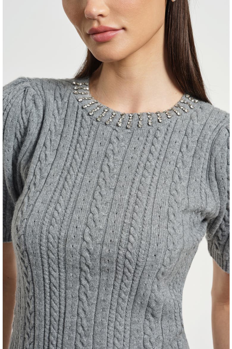 Embellished Puff Sleeve Cotton & Wool Blend Cable Sweater, Alternate, color, HEATHER GREY