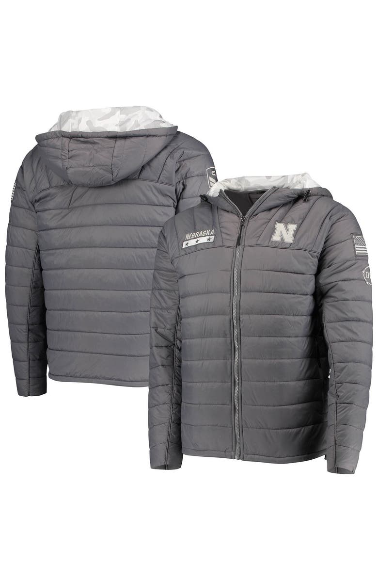 COLOSSEUM Men's Colosseum Gray/Camo Nebraska Huskers OHT Military Appreciation Iceman Snow Puffer Full-Zip Hoodie Jacket, Alternate, color,