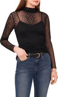 Vince Camuto Leopard Print Long Sleeve Mesh Top