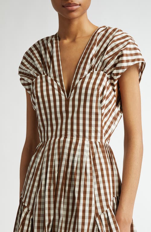 Lela Rose Gingham Check Gathered Shoulder Gown In Walnut