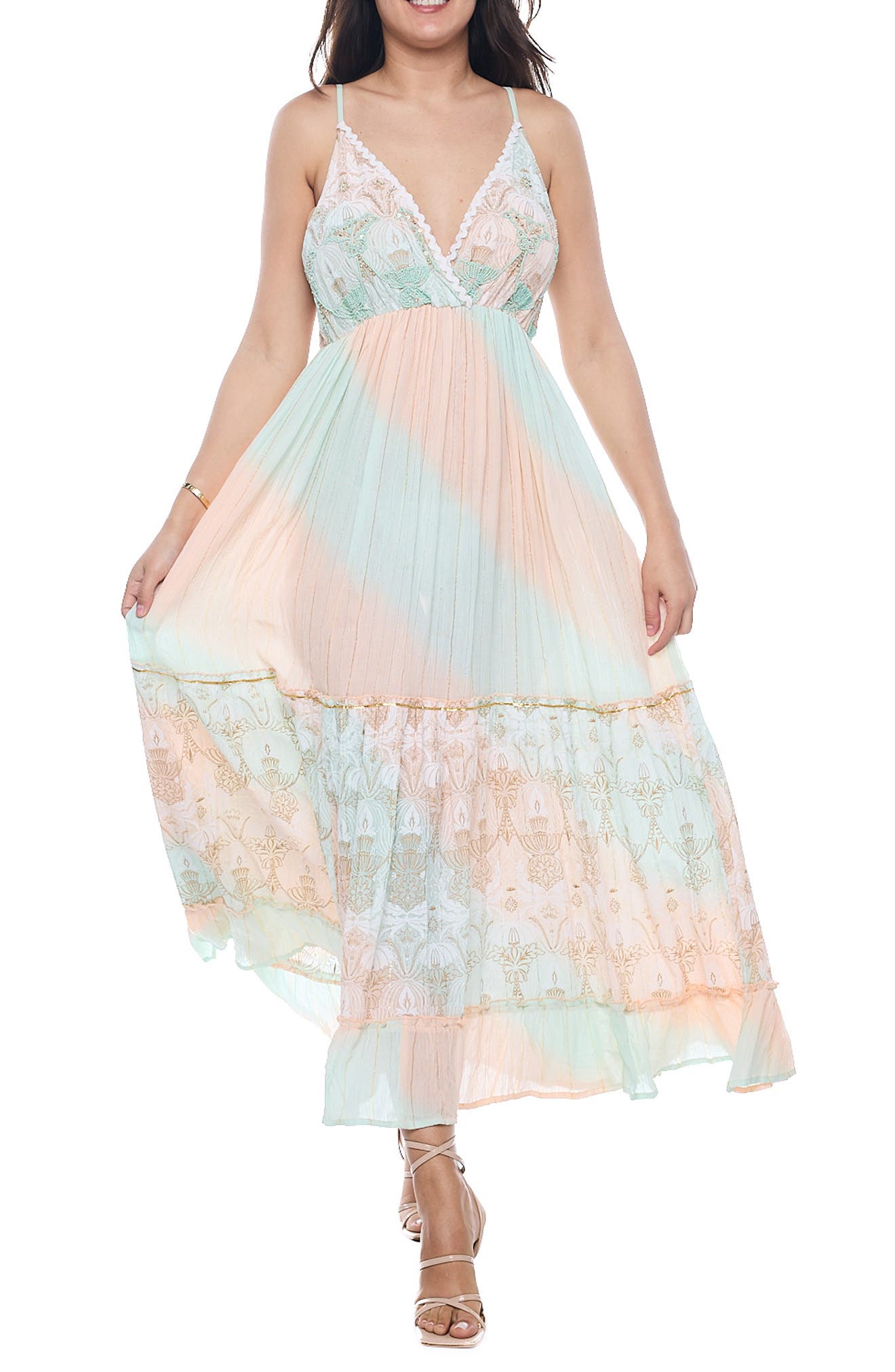 RANEES V-Neck Tiered Maxi Sundress