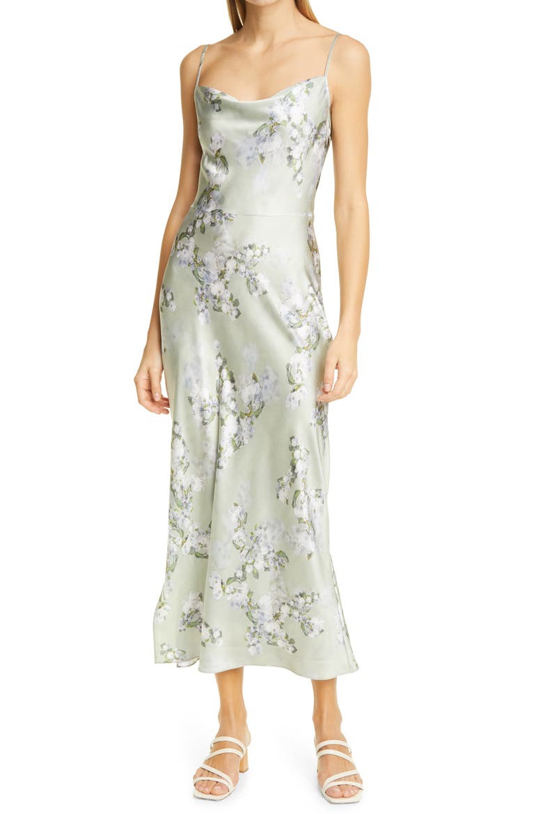 Hazy Blossom Cowl Neck Satin Slipdress, Main, color, CELERY