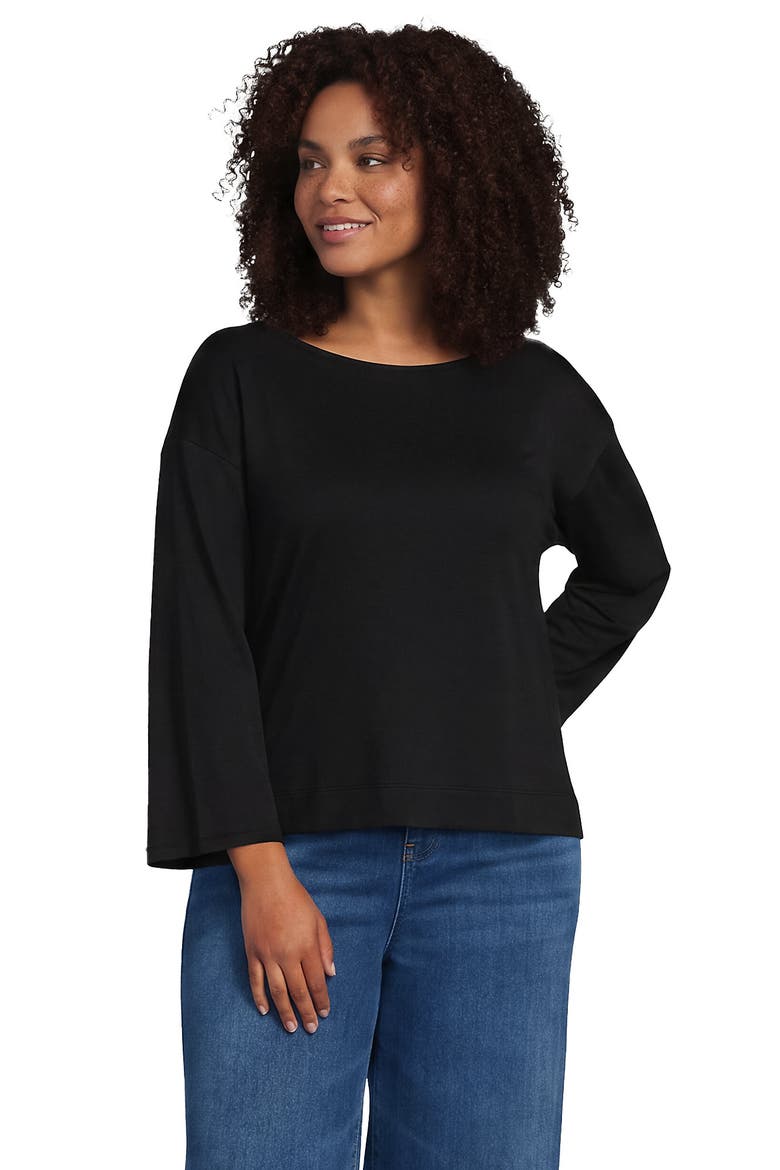 Plus Size Bracelet Sleeve Supima Cotton Boat Neck Flare Sleeve Top, Main, color, Black