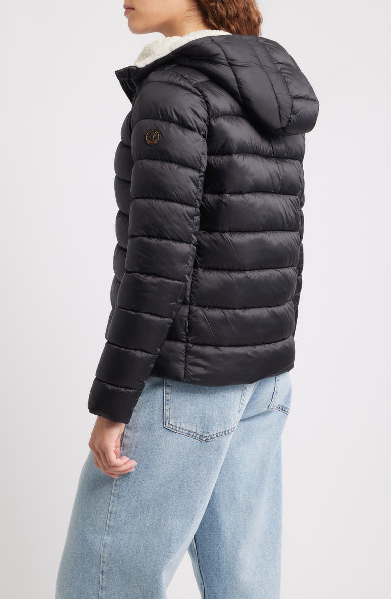 Save The Duck Gretel Faux Shearling Lining Hooded Puffer Jacket, Alternate, color, Black