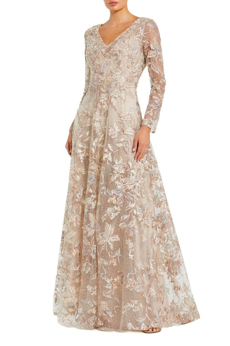 Women’s Embellished Illusion V-Neck Long Sleeve A-Line Gown, Main, color, Champagne