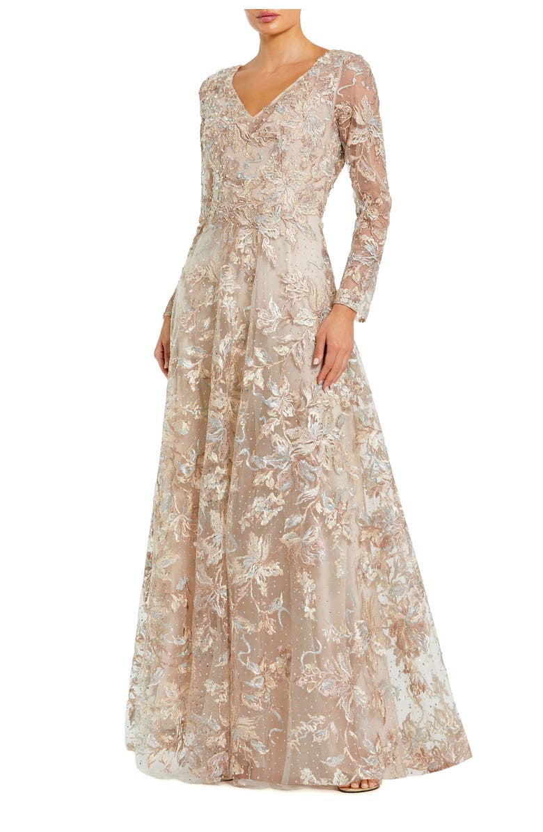 Mac Duggal Women’s Embellished Illusion V-Neck Long Sleeve A-Line Gown, Main, color, Champagne