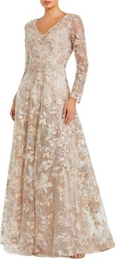 Mac Duggal Women’s Embellished Illusion V-Neck Long Sleeve A-Line Gown