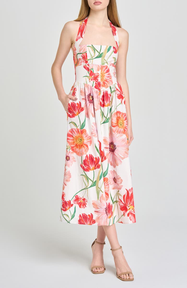 WAYF Camellia Floral Halter Neck Stretch Cotton Dress, Main, color, Ivory Poppies