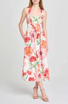 Camellia Floral Halter Neck Stretch Cotton Dress