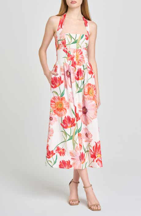 Camellia Floral Halter Neck Stretch Cotton Dress