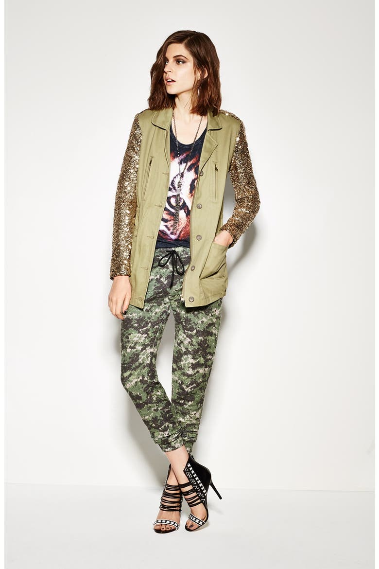Sequin Sleeve Twill Jacket, Alternate, color, ARMY GREEN