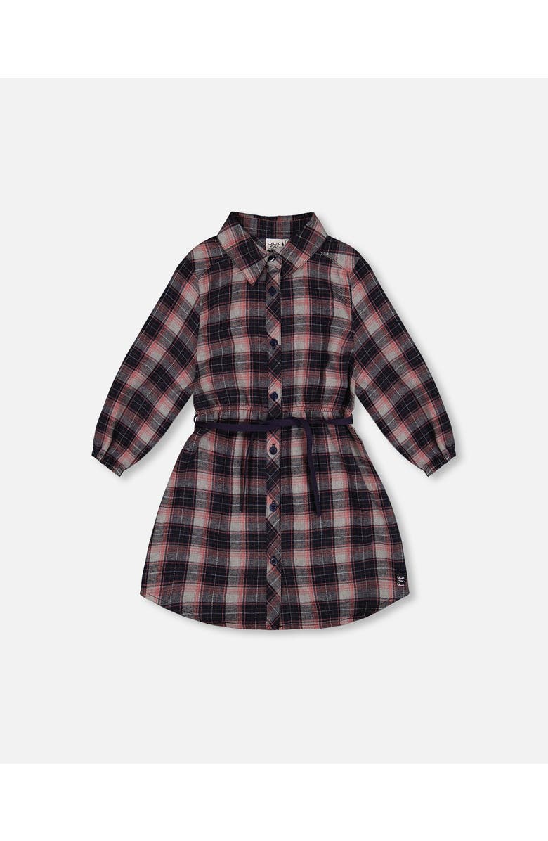 Deux par Deux Girl's Shirt Flannel Dress With Belt Plaid Navy And Pink, Main, color, 