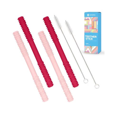 Soft Silicone Hollow Teething Tubes  4 Piece Set with Cleaning Brushes