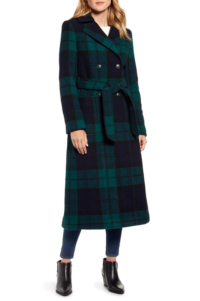 Aurora Classic Double Breasted Reefer Coat, Main, color, BLACK WATCH PLAID