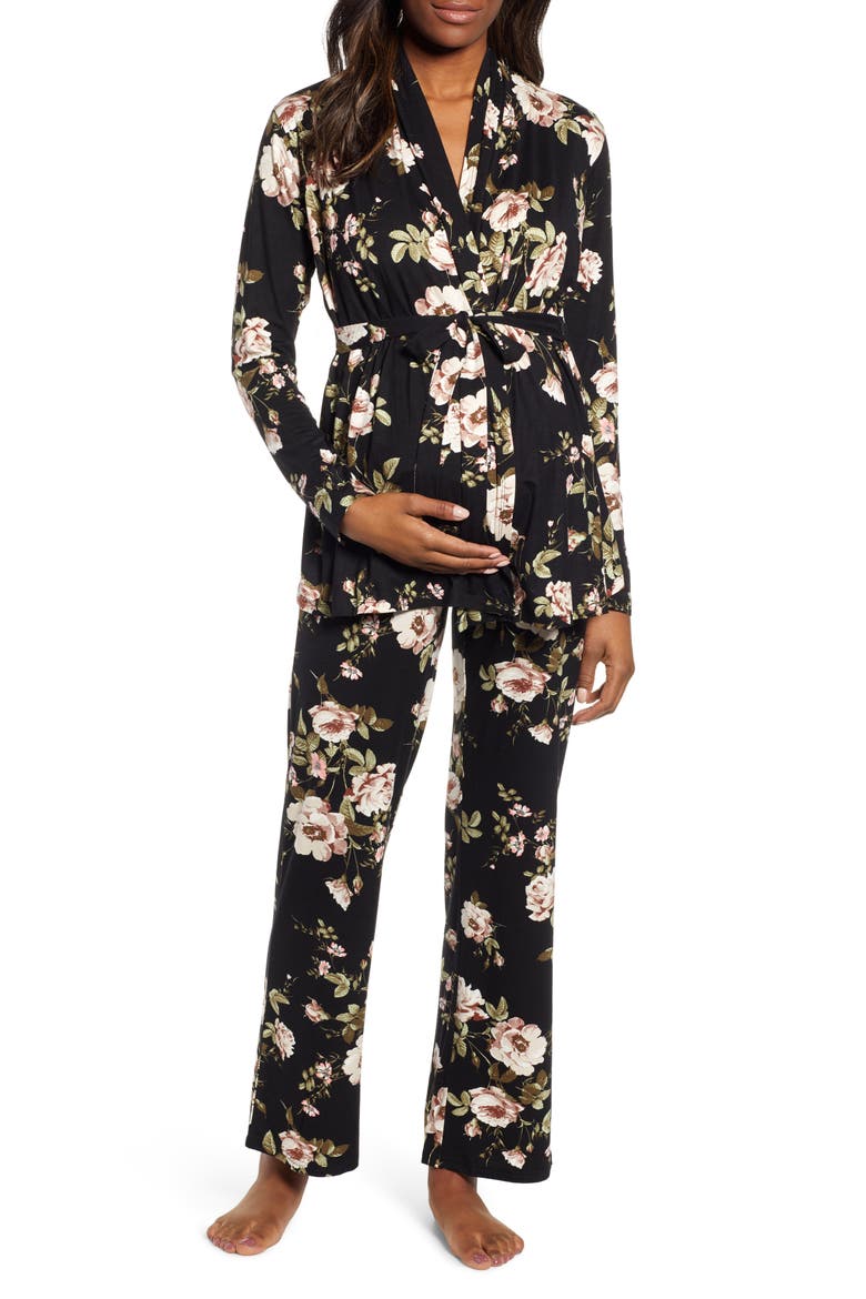 Floral Maternity/Nursing Pajamas, Main, color, BLACK