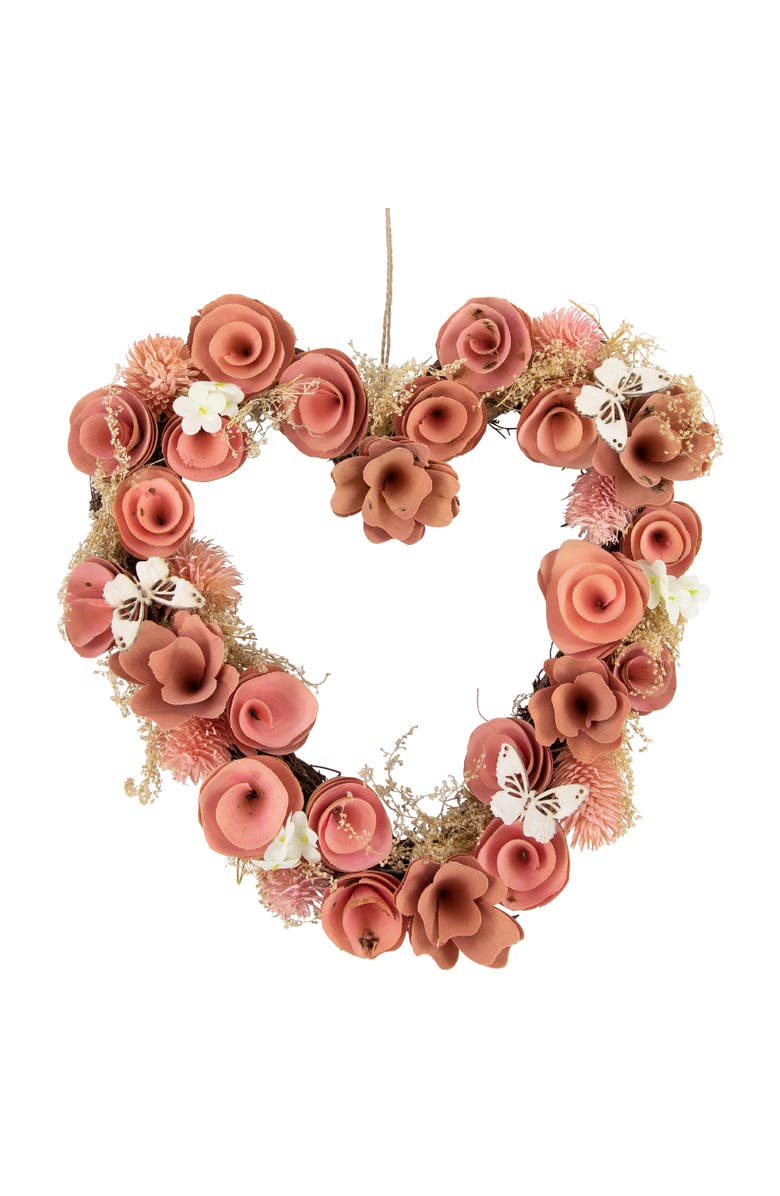 Northlight 10" Pink Wooden Rose Heart Spring Wreath with Butterflies, Main, color, 