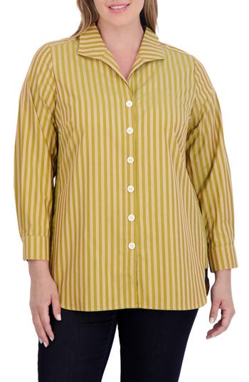 Shop Foxcroft Pandora Stripe Cotton Blend Button-up Shirt In Gold