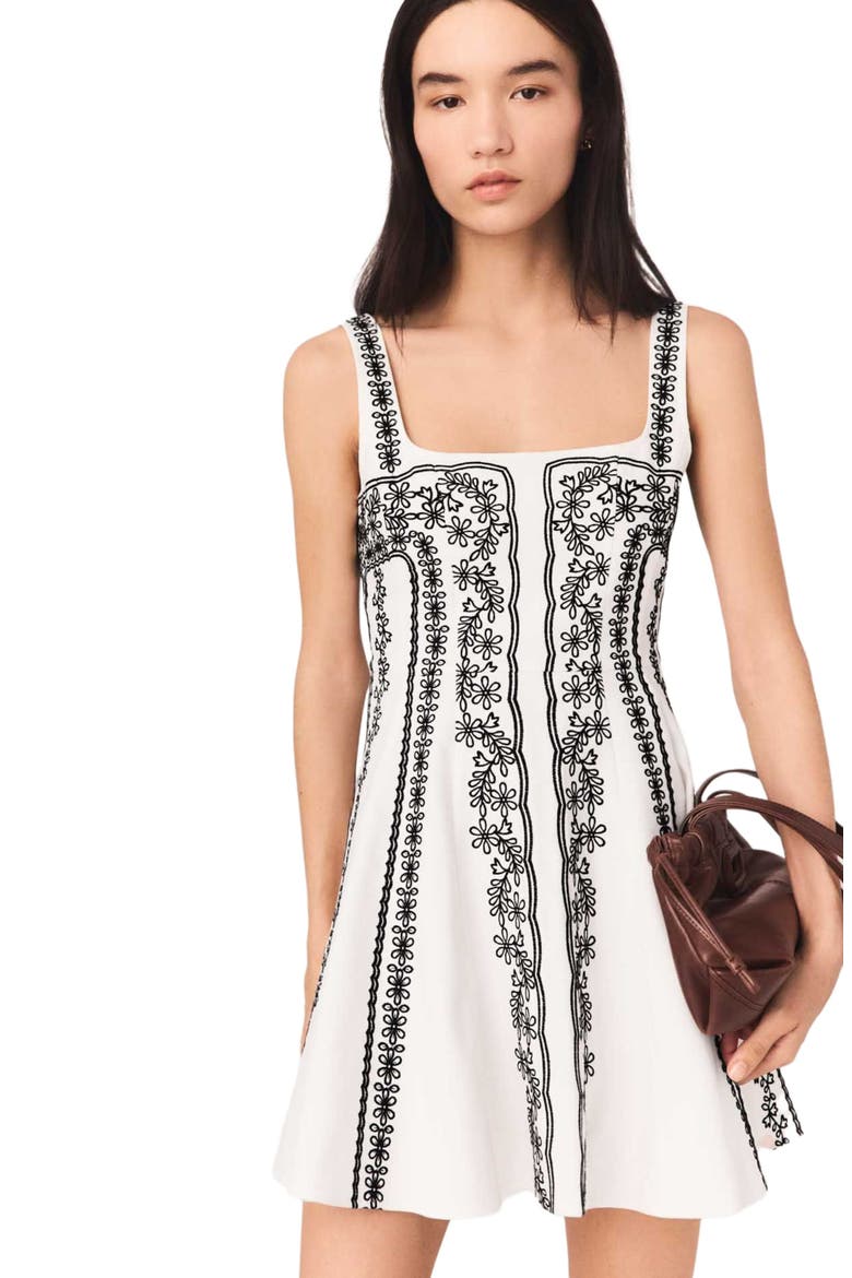 Short embroidered dress, Alternate, color, Ecru / black