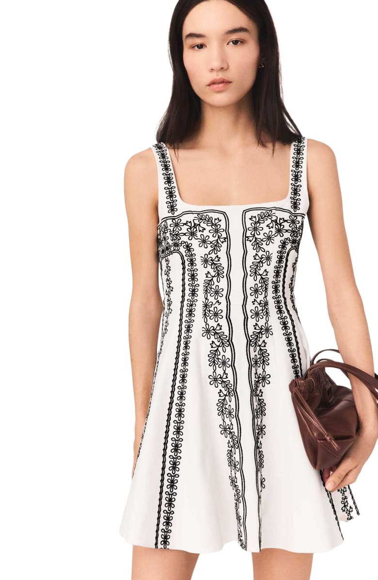 maje Short embroidered dress, Alternate, color, Ecru / Black