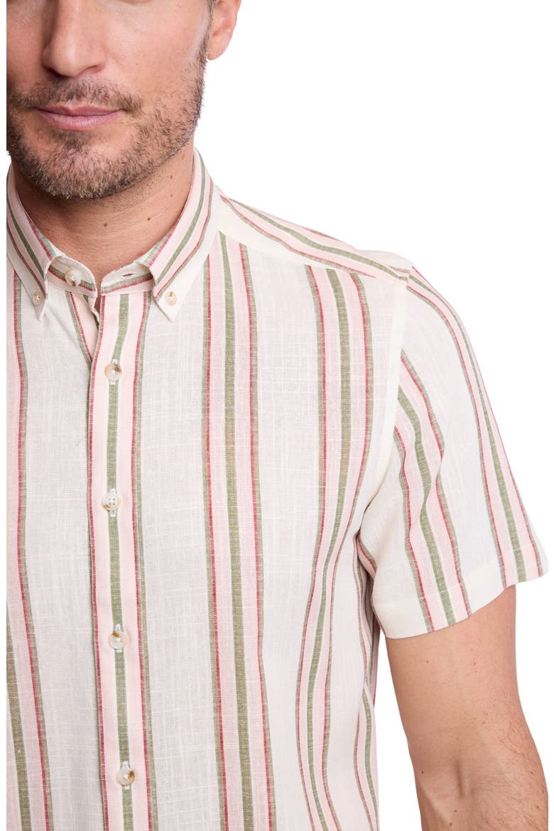 Brian Short Sleeve Linen Blend Button-Down Shirt, Alternate, color, OLIVE ROSE STRIPE