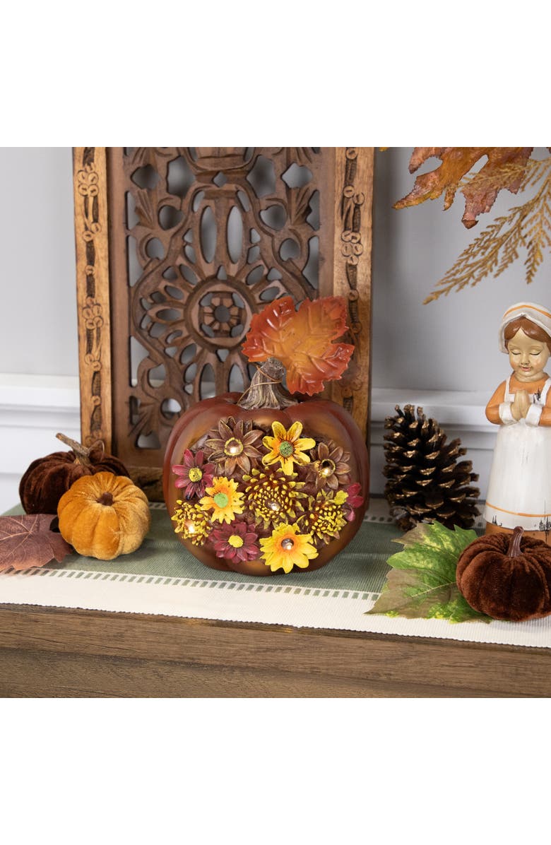Northlight LED Lighted Solar Powered Floral Fall Harvest Pumpkin Outdoor Decoration - 8", Alternate, color, Brown