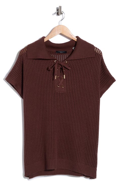 Tie Neck Short Sleeve Open Stitch Sweater
