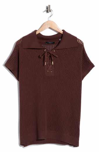 Tie Neck Short Sleeve Open Stitch Sweater