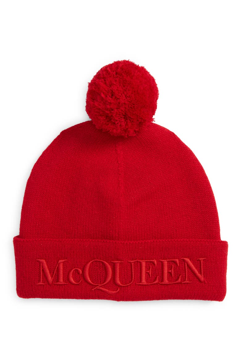 Alexander McQueen Pompom Wool & Cashmere Beanie, Main, color, RED