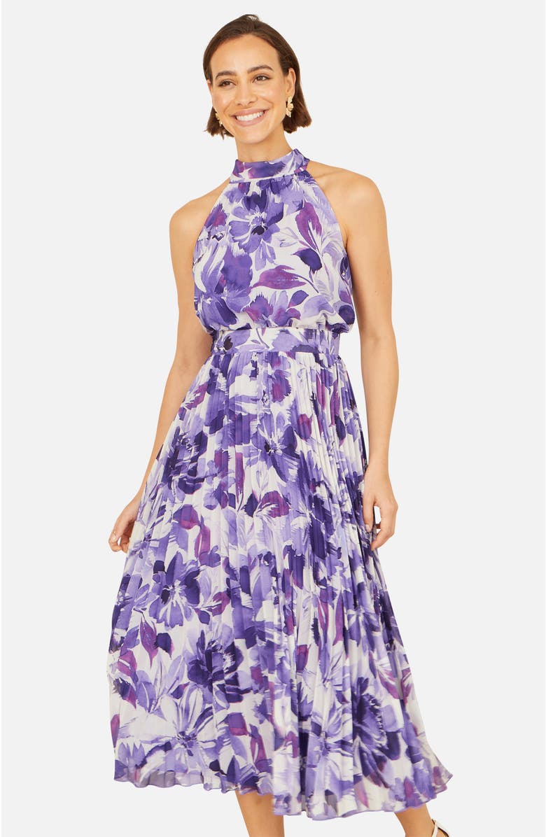 Yumi Floral Halter Neck Pleated Midi Dress, Main, color, Purple
