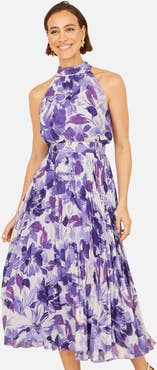 Yumi Floral Halter Neck Pleated Midi Dress