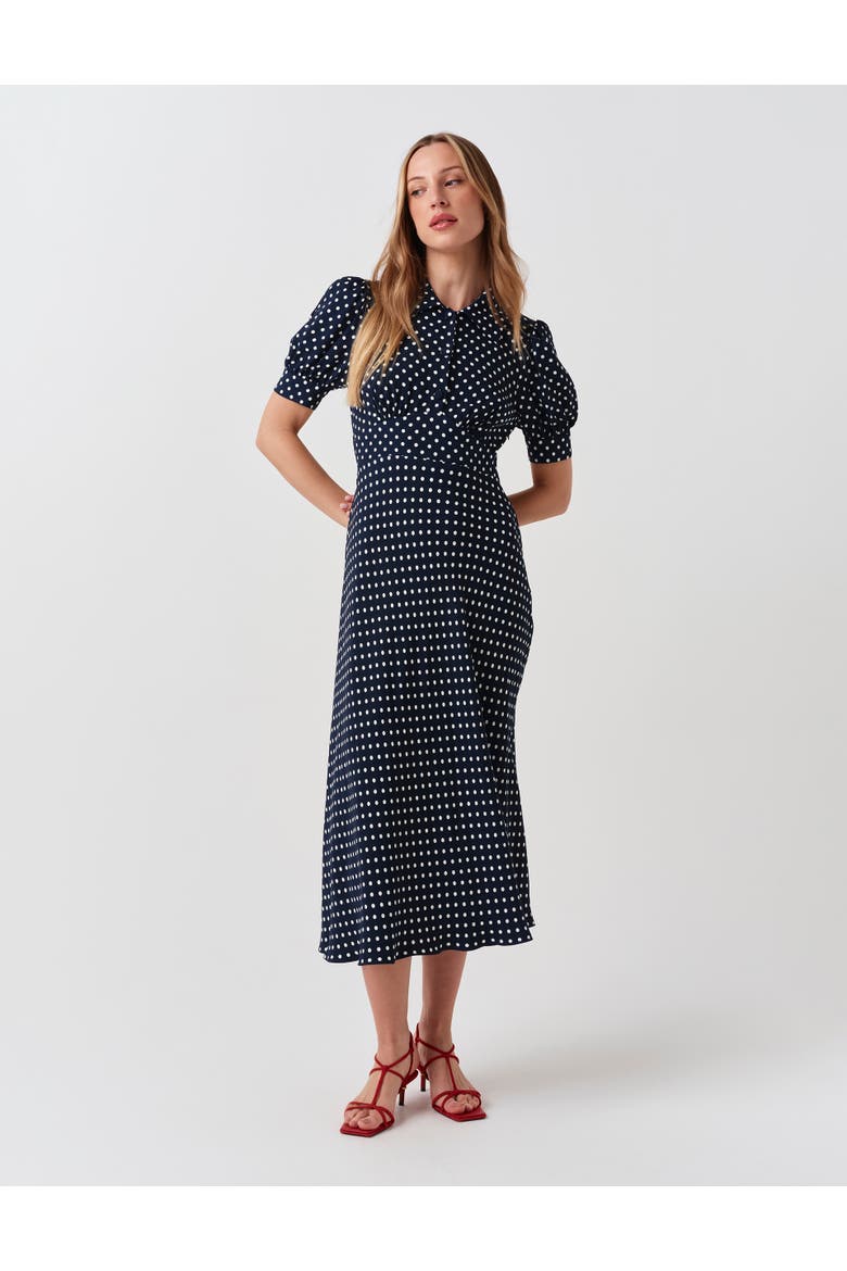 Wilma Fitted Waist Flared Dress, Alternate, color, Navy Spot