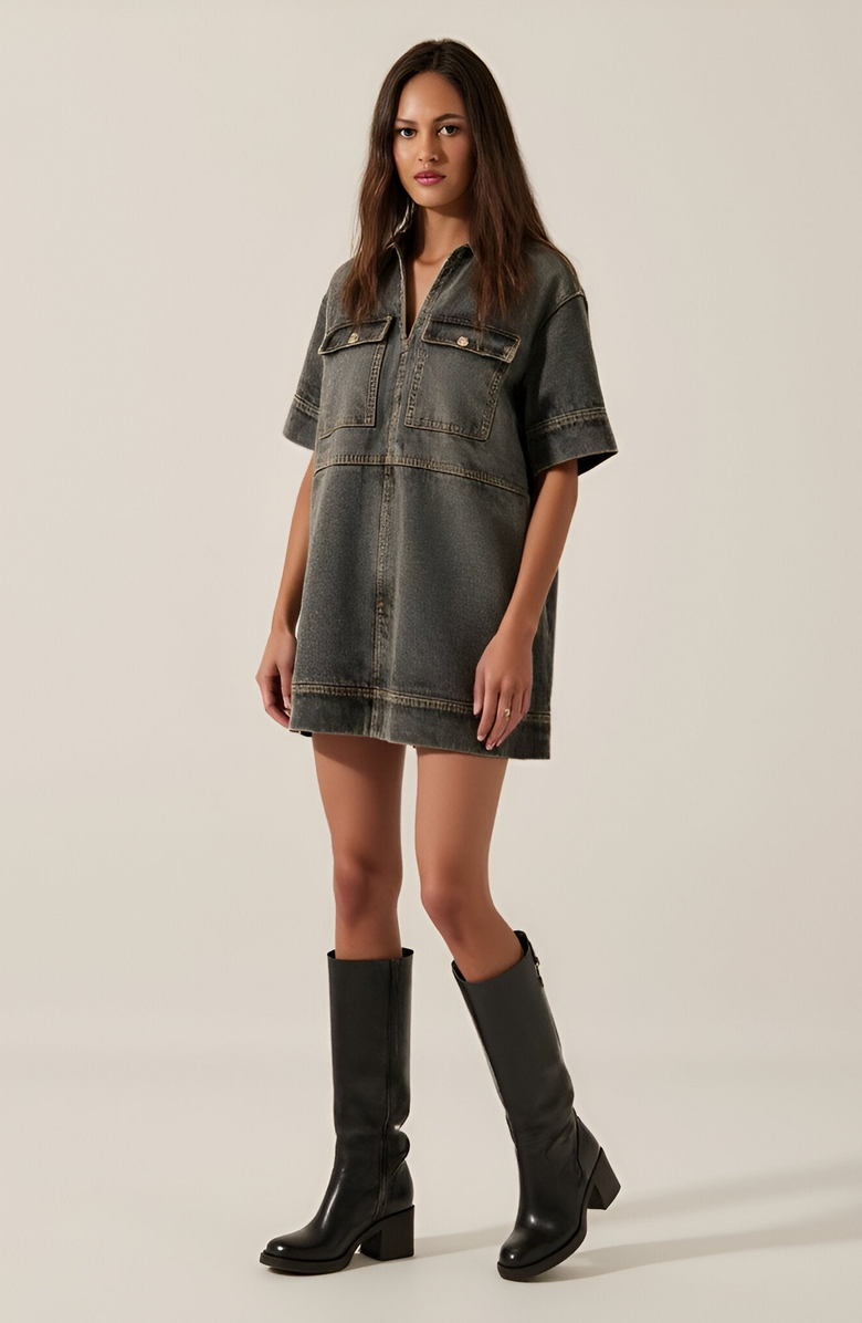 Modenaire Solid Denim Mini Shirt Dress with Collared V-Neck, Short Sleeves and Chest Flap Pockets, Main, color,