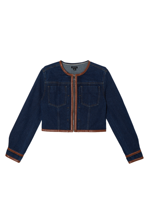 Karen Millen Denim & Leather Collarless Jacket In Blue