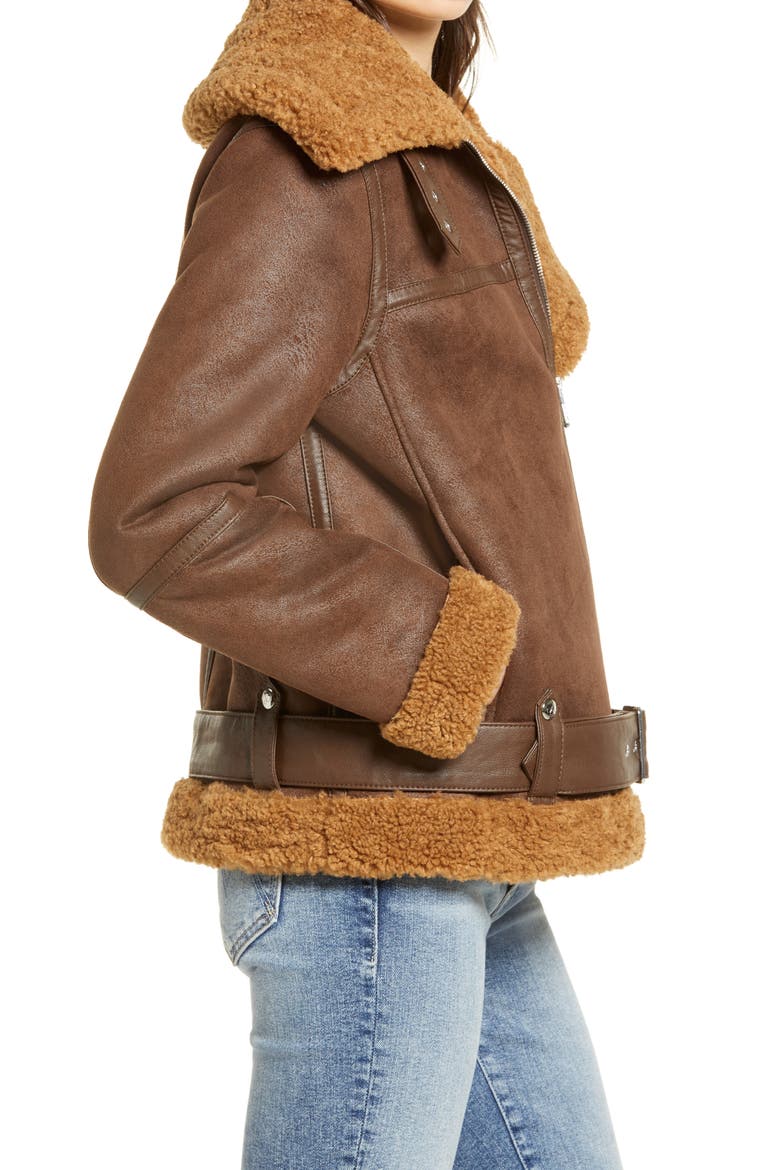 Faux Shearling Moto Jacket, Alternate, color, BROWN