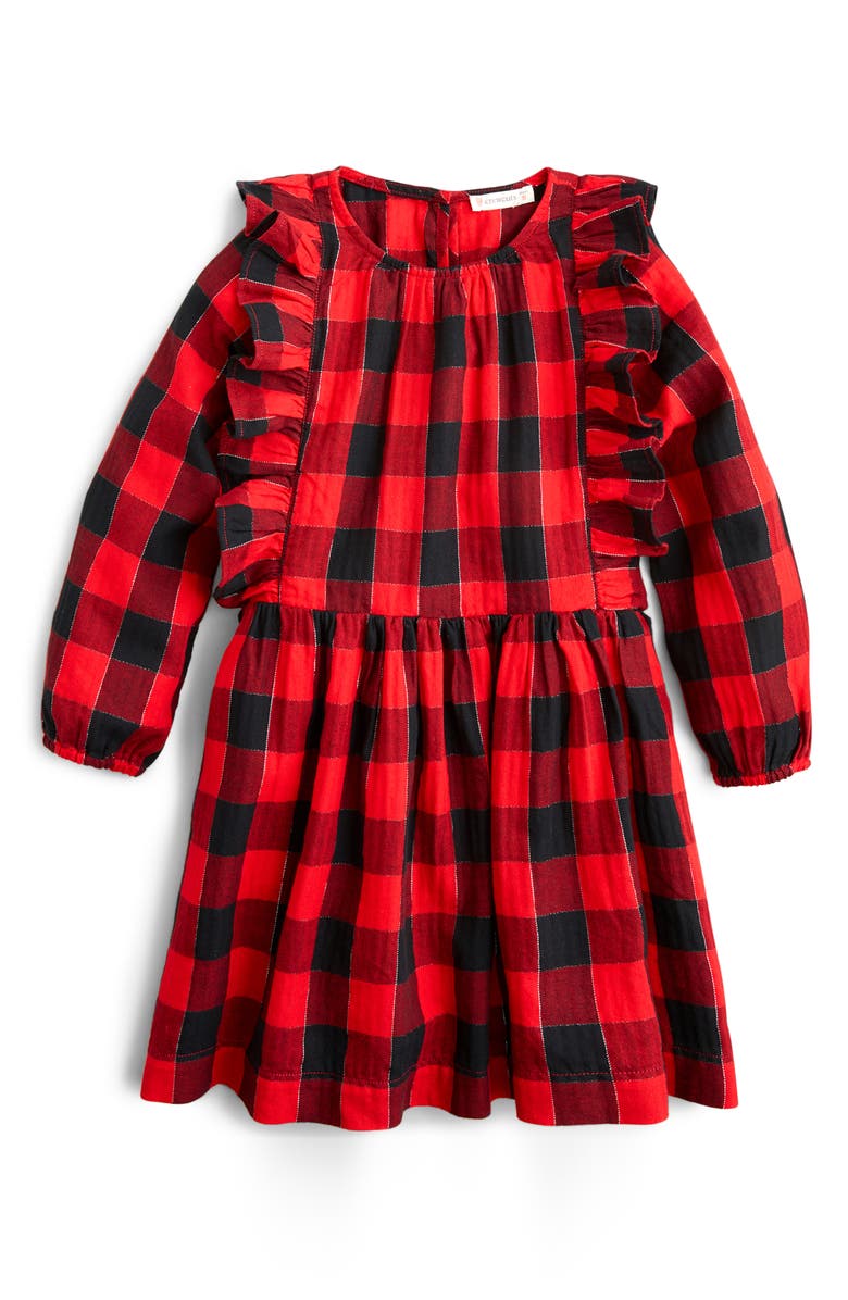 crewcuts by J.Crew Plaid Ruffle Trim Flannel Dress, Main, color,