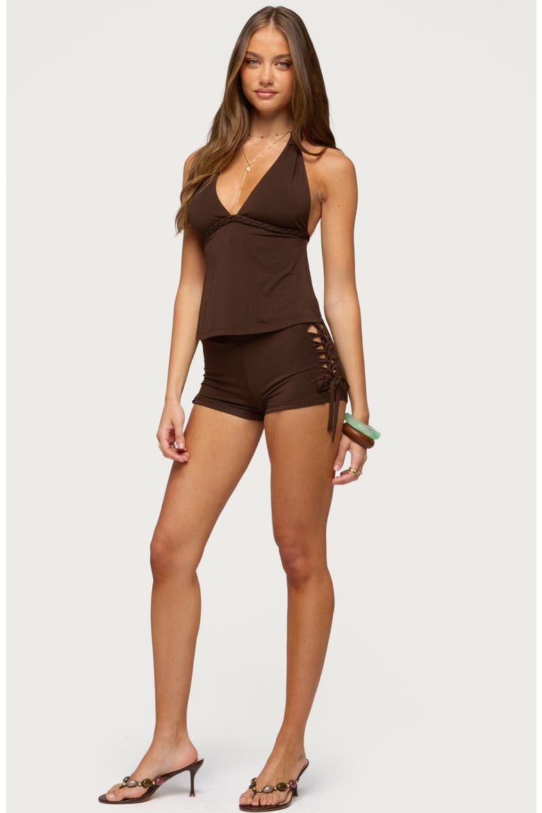 Jilly Side Cutout Micro Shorts, Alternate, color, BROWN