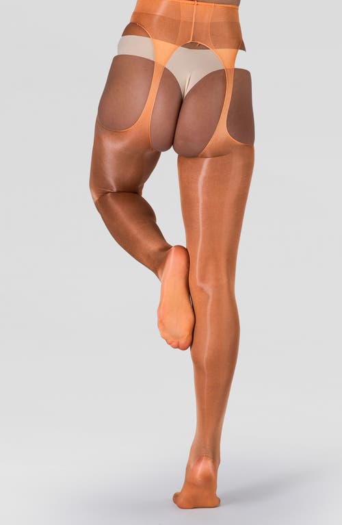 Lechery Women's Lustrous Silky Shiny Sheer Suspender Crotchless High-waist Pantyhose Tights In Caramel