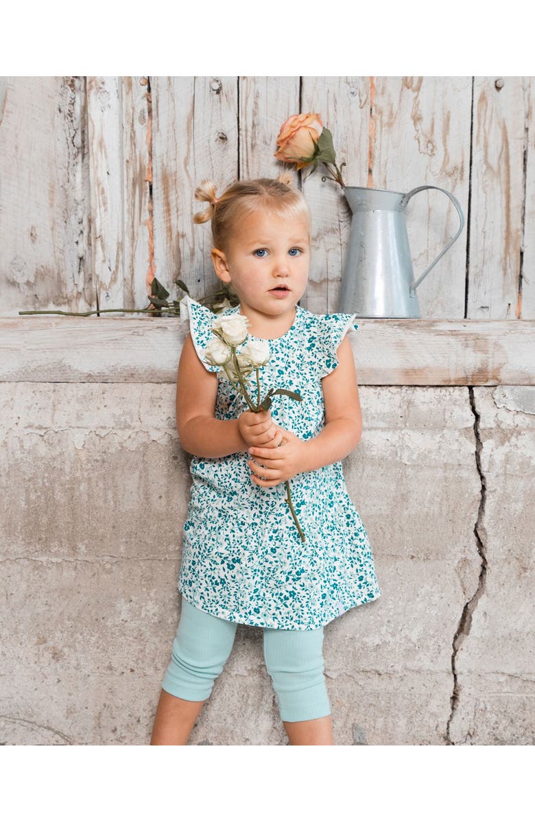 Deux par Deux Girl's Printed Organic Cotton Dress Small Turquoise Flowers, Alternate, color,