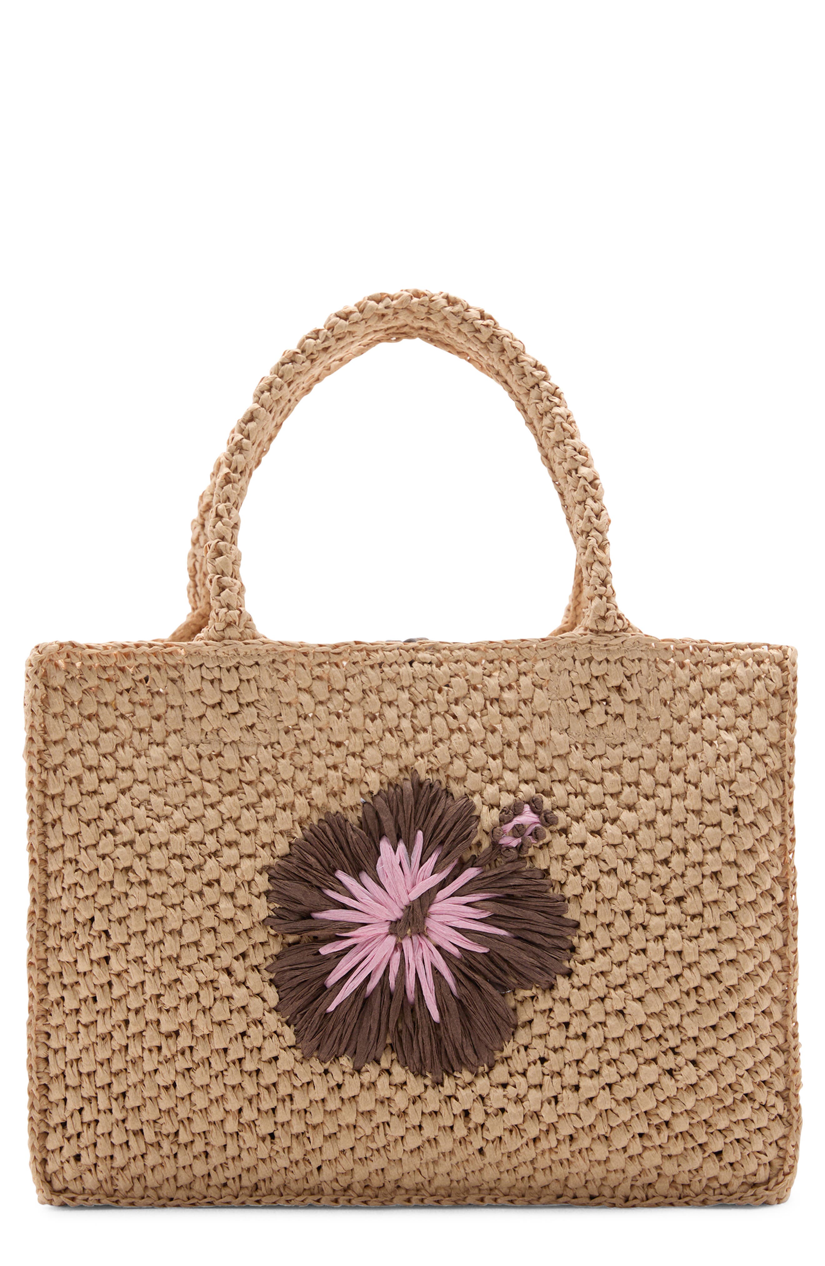 MANGO Flower Detail Raffia Tote, Main, color, 