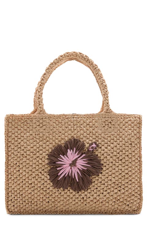 Flower Detail Raffia Tote