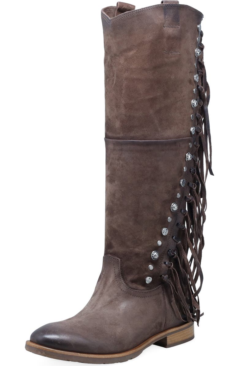 A.S.98 Ilke Studded Fringe Western Knee High Boot, Main, color, Brown