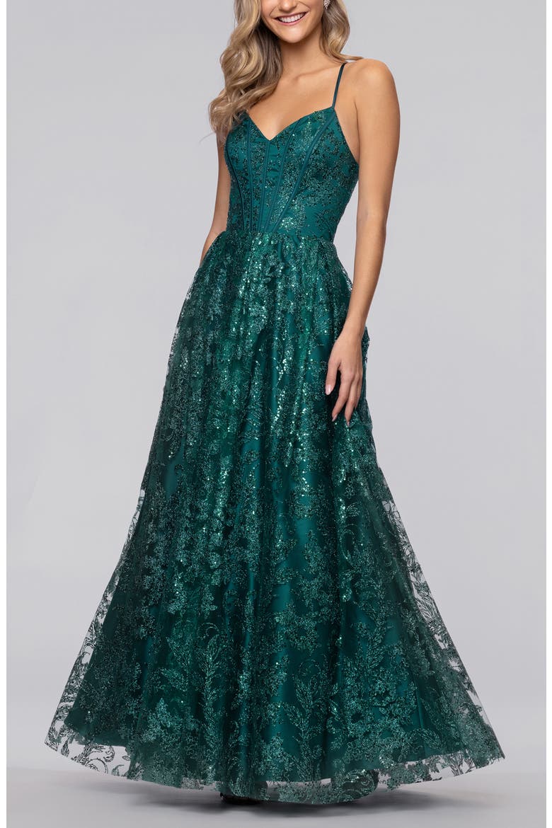Glitter Corset Sleeveless Gown, Alternate, color, TEAL
